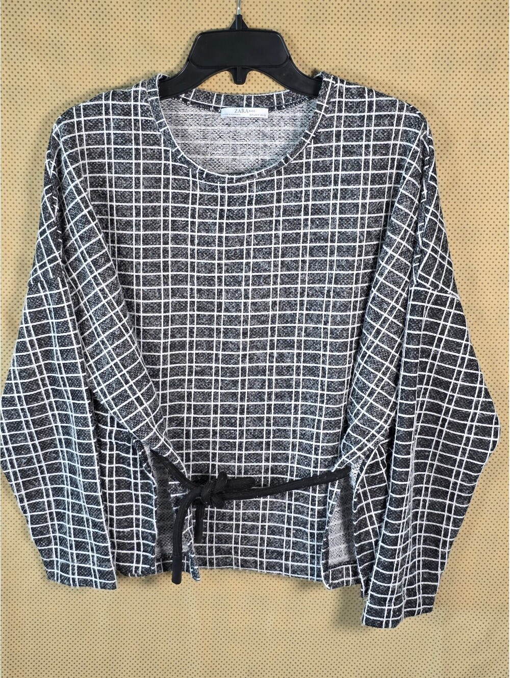 Zara Basic Black White Windowpane Plaid Tie Waist Sweater Top M